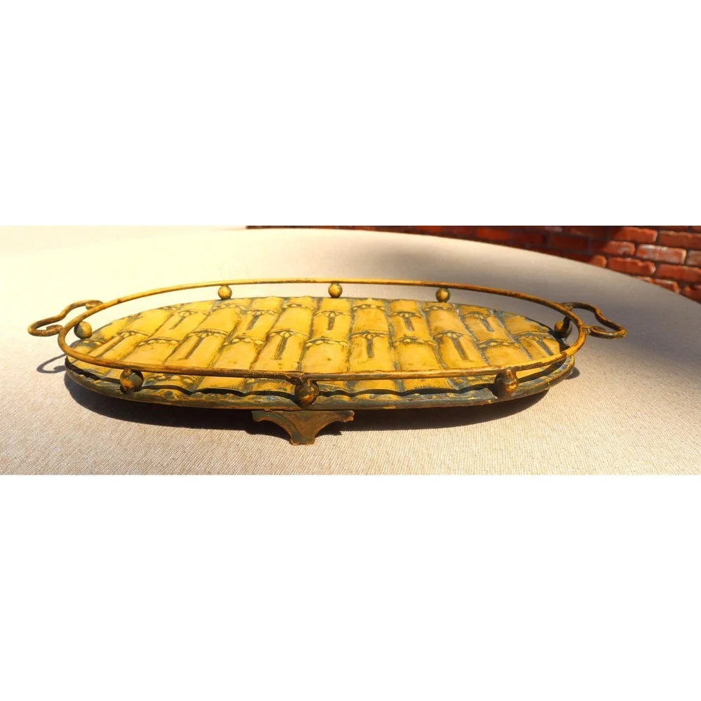 Vintage Bamboo Themed Tableware Metal Serving Tray and Ceramic Napkin Holder